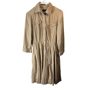 Lauren Ralph Lauren Khaki Button-Up Shirt Dress Size 8 With Long Sleeves & Pleat